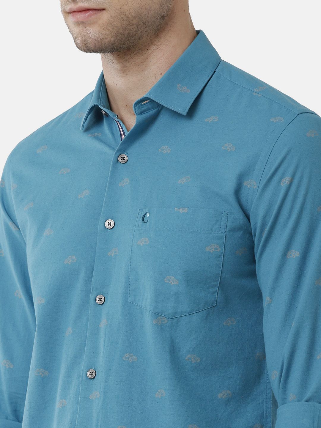 Men's Blended Linen Turquoise Printed Contemporary Fit Full Sleeve Sleeve Casual Shirt