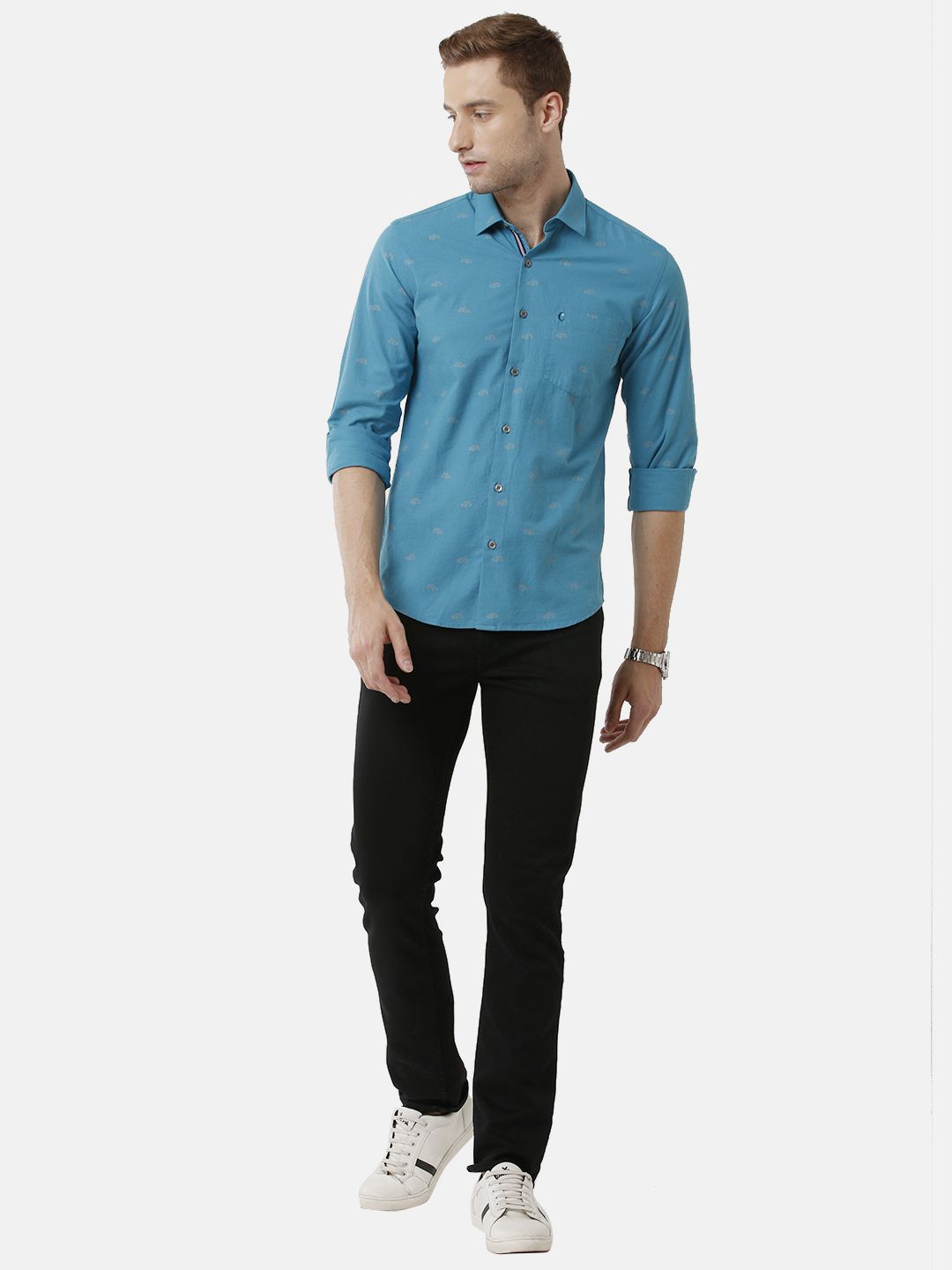 Men's Blended Linen Turquoise Printed Contemporary Fit Full Sleeve Sleeve Casual Shirt