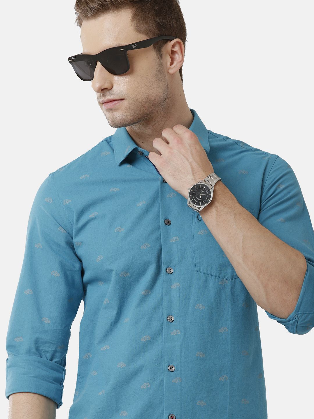Men's Blended Linen Turquoise Printed Contemporary Fit Full Sleeve Sleeve Casual Shirt