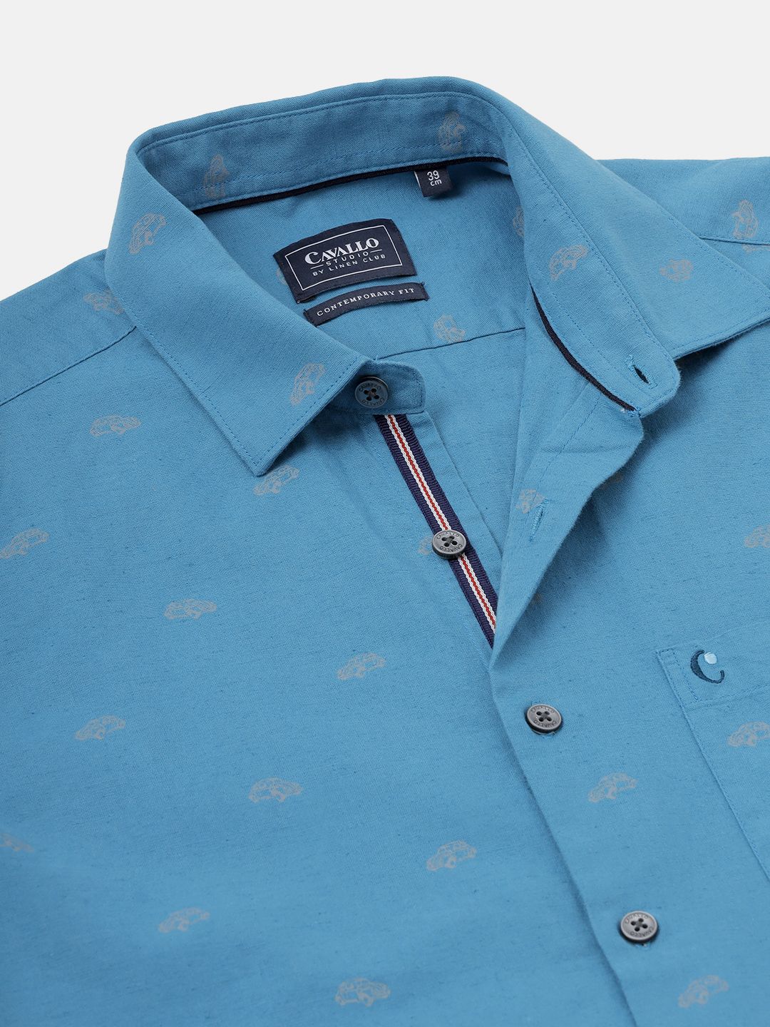 Men's Blended Linen Turquoise Printed Contemporary Fit Full Sleeve Sleeve Casual Shirt