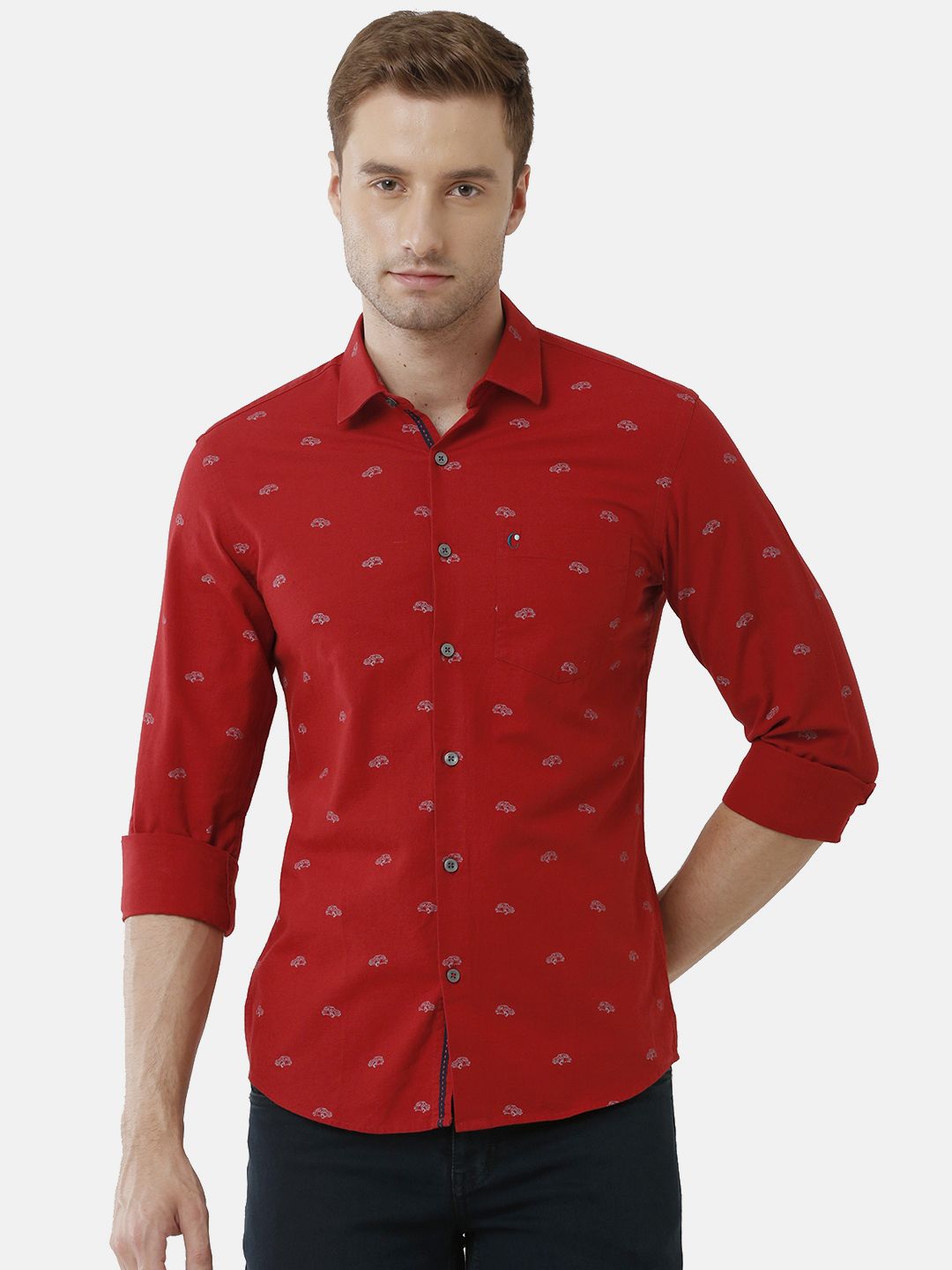 Men's Blended Linen Red Printed Contemporary Fit Full Sleeve Sleeve Casual Shirt