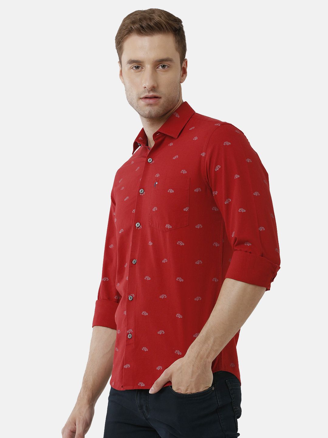 Men's Blended Linen Red Printed Contemporary Fit Full Sleeve Sleeve Casual Shirt