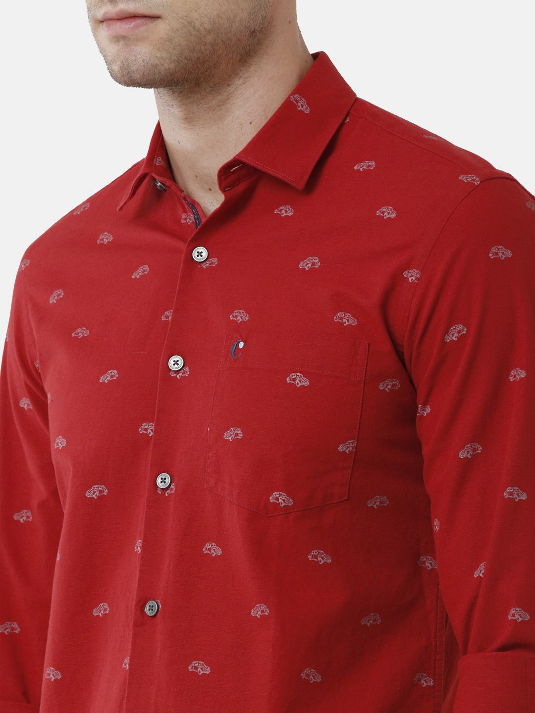 Men's Blended Linen Red Printed Contemporary Fit Full Sleeve Sleeve Casual Shirt