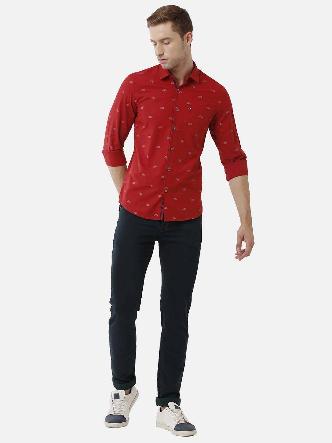 Men's Blended Linen Red Printed Contemporary Fit Full Sleeve Sleeve Casual Shirt