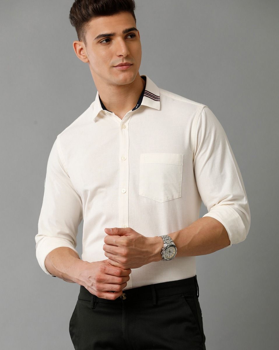Men's Blended Linen Yellow Solid Contemporary Fit Full Sleeve Sleeve Casual Shirt