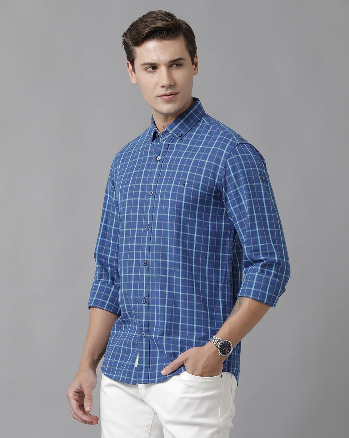 Men's Blended Linen Blue Checked Contemporary Fit Full Sleeve Sleeve Casual Shirt