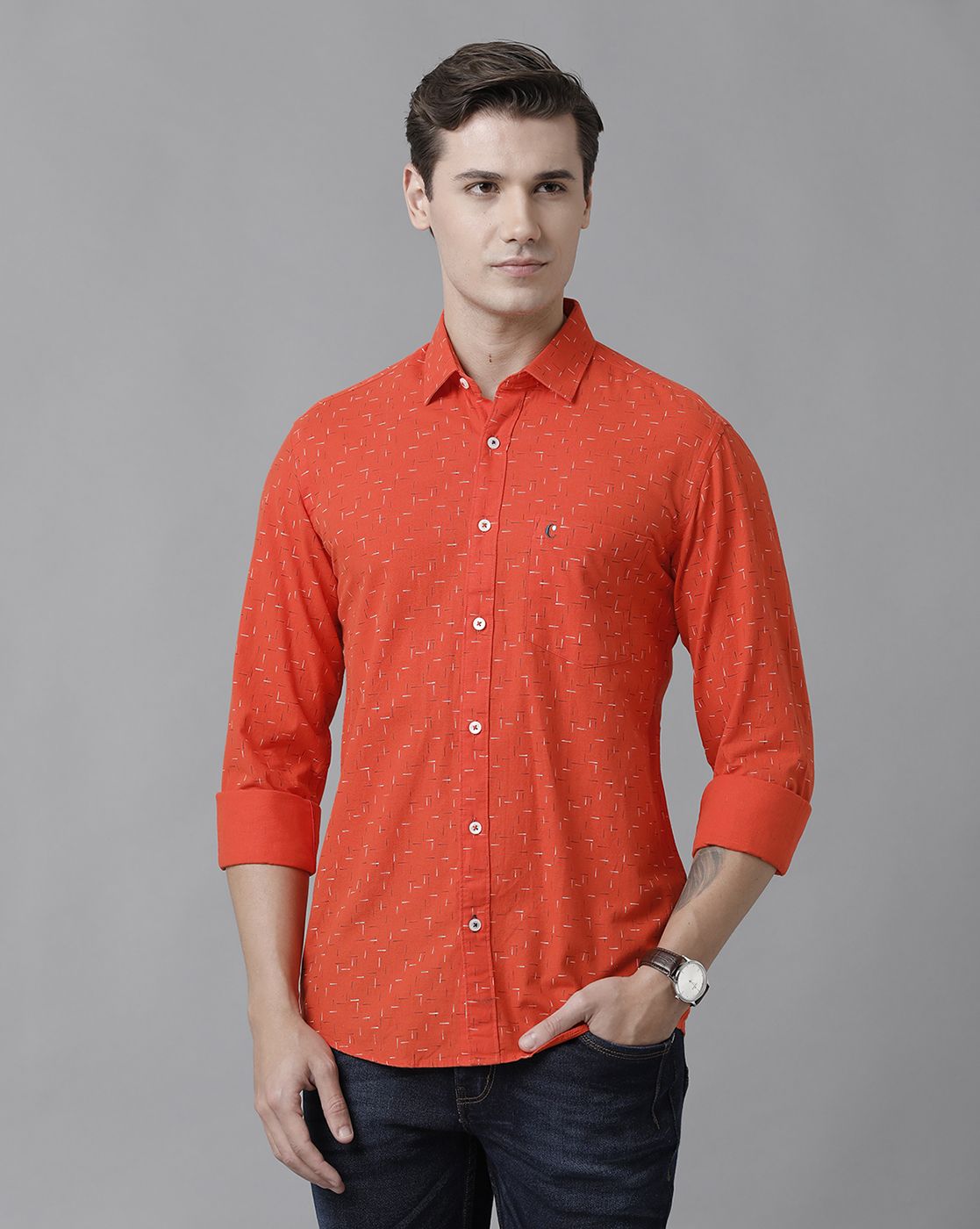 Men's Blended Linen Red Printed Contemporary Fit Full Sleeve Sleeve Casual Shirt