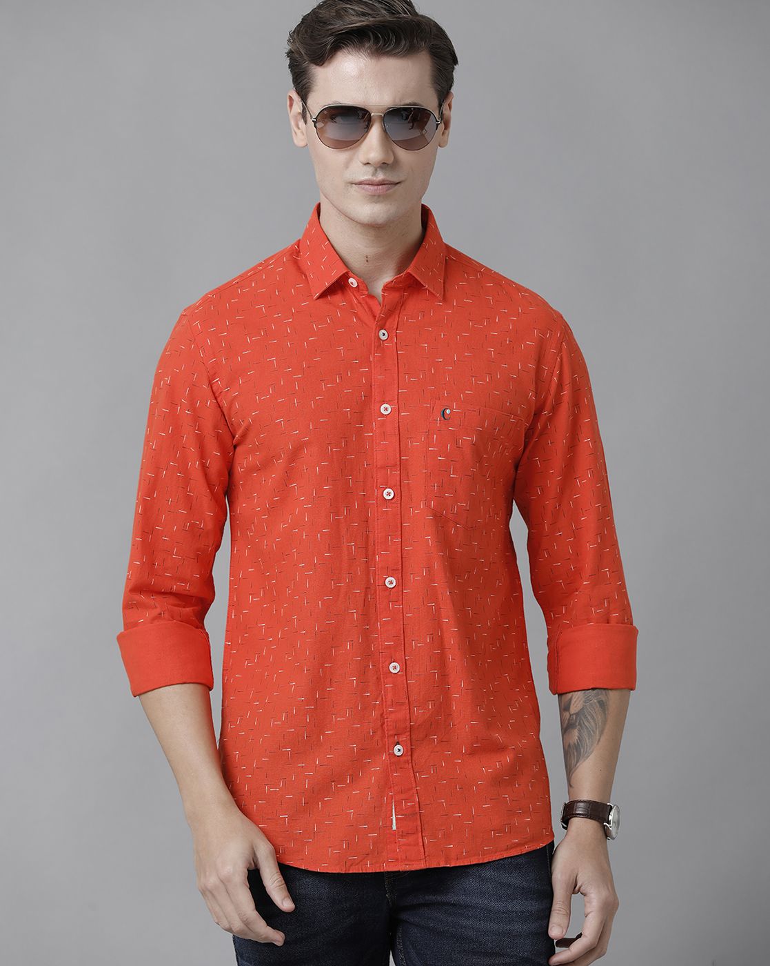 Men's Blended Linen Red Printed Contemporary Fit Full Sleeve Sleeve Casual Shirt