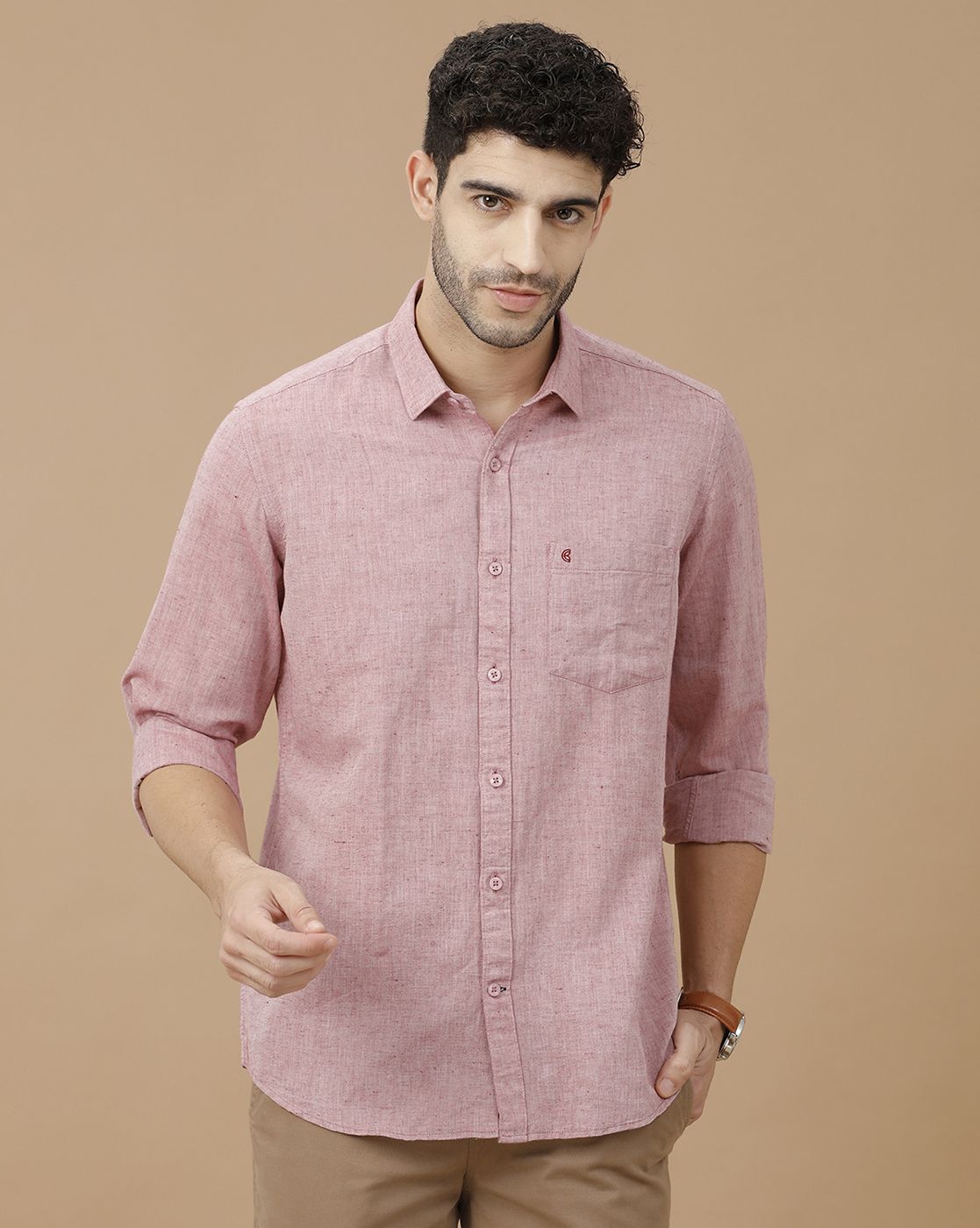 Men's Blended Linen Red Solid Contemporary Fit Full Sleeve Casual Shirt