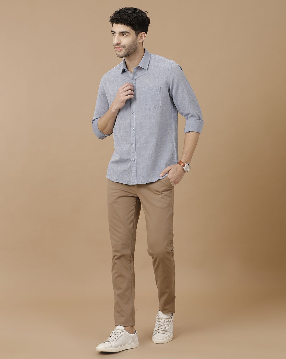 Men's Blended Linen Grey Solid Contemporary Fit Full Sleeve Casual Shirt