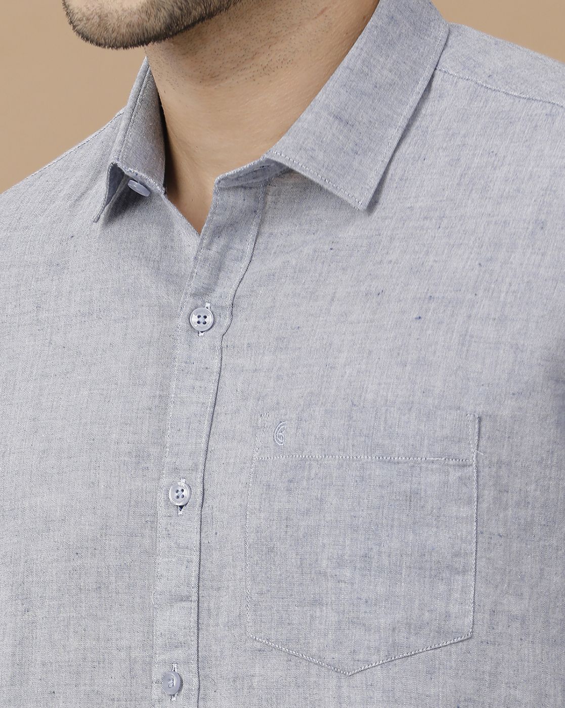 Men's Blended Linen Grey Solid Contemporary Fit Full Sleeve Casual Shirt