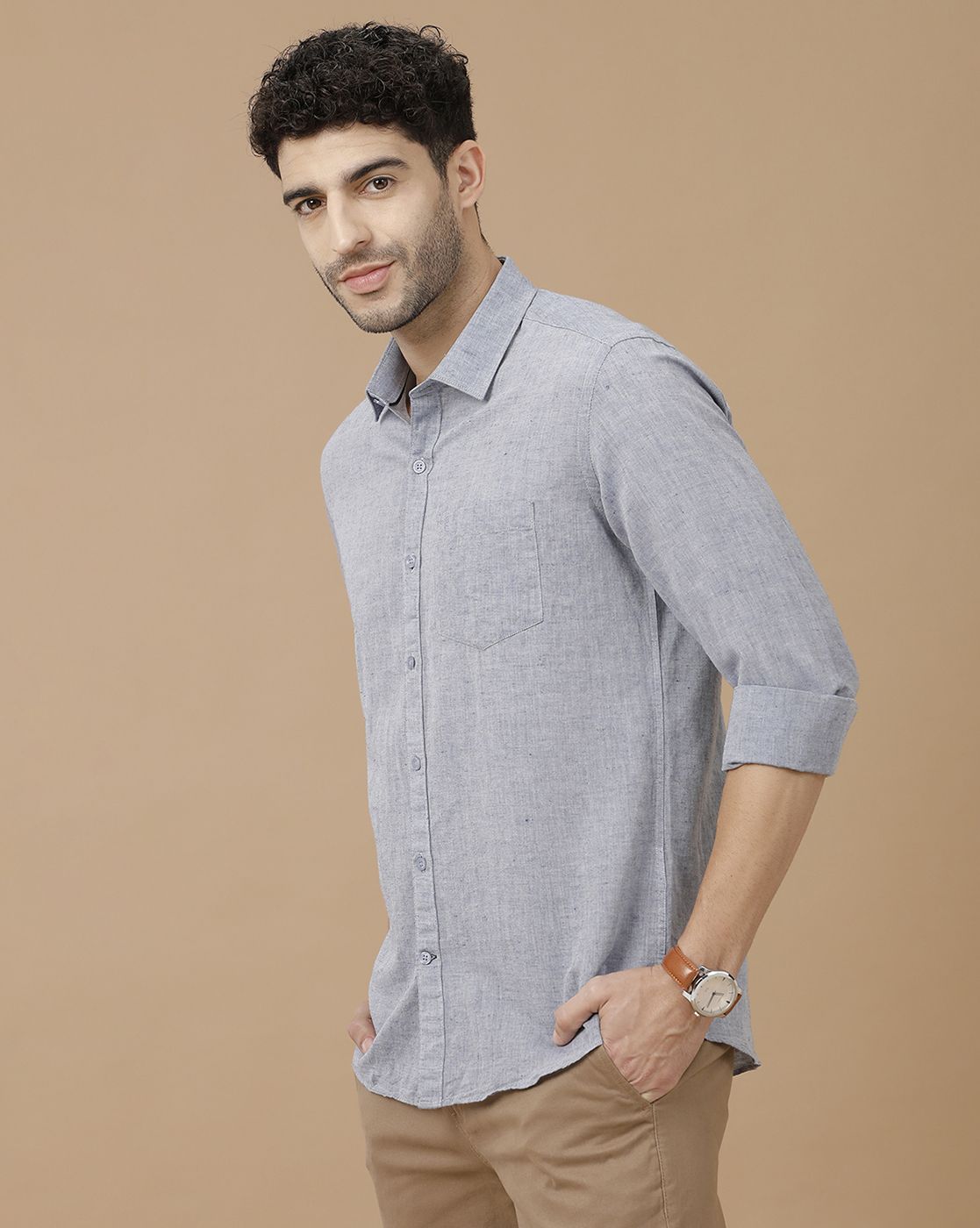 Men's Blended Linen Grey Solid Contemporary Fit Full Sleeve Casual Shirt