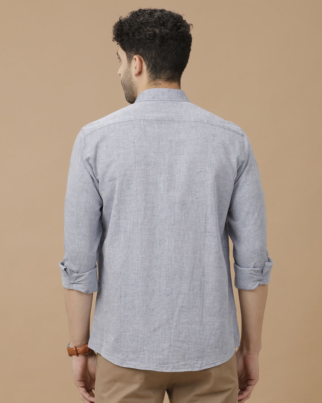 Men's Blended Linen Grey Solid Contemporary Fit Full Sleeve Casual Shirt