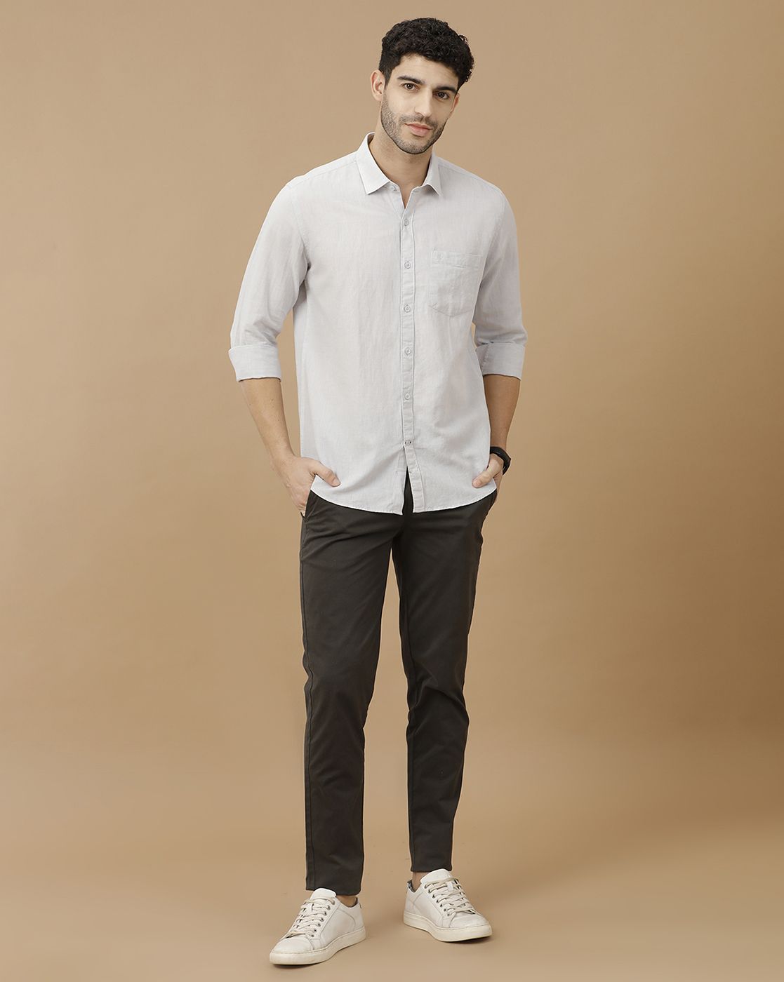 Men's Blended Linen Grey Solid Contemporary Fit Full Sleeve Casual Shirt