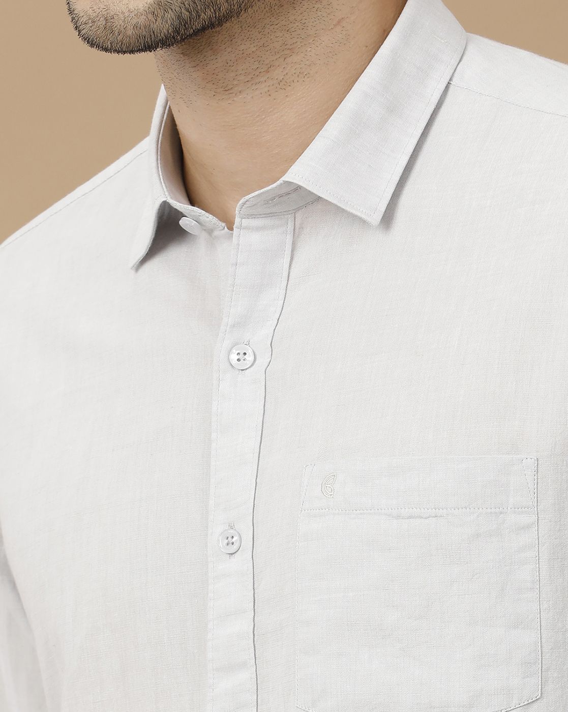 Men's Blended Linen Grey Solid Contemporary Fit Full Sleeve Casual Shirt