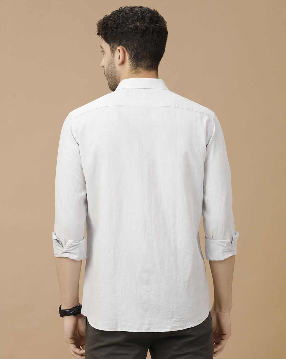Men's Blended Linen Grey Solid Contemporary Fit Full Sleeve Casual Shirt