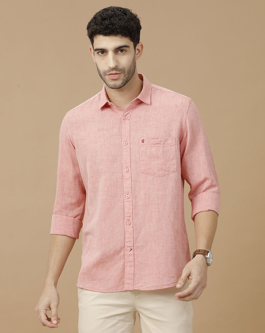 Men's Blended Linen Red Solid Contemporary Fit Full Sleeve Casual Shirt
