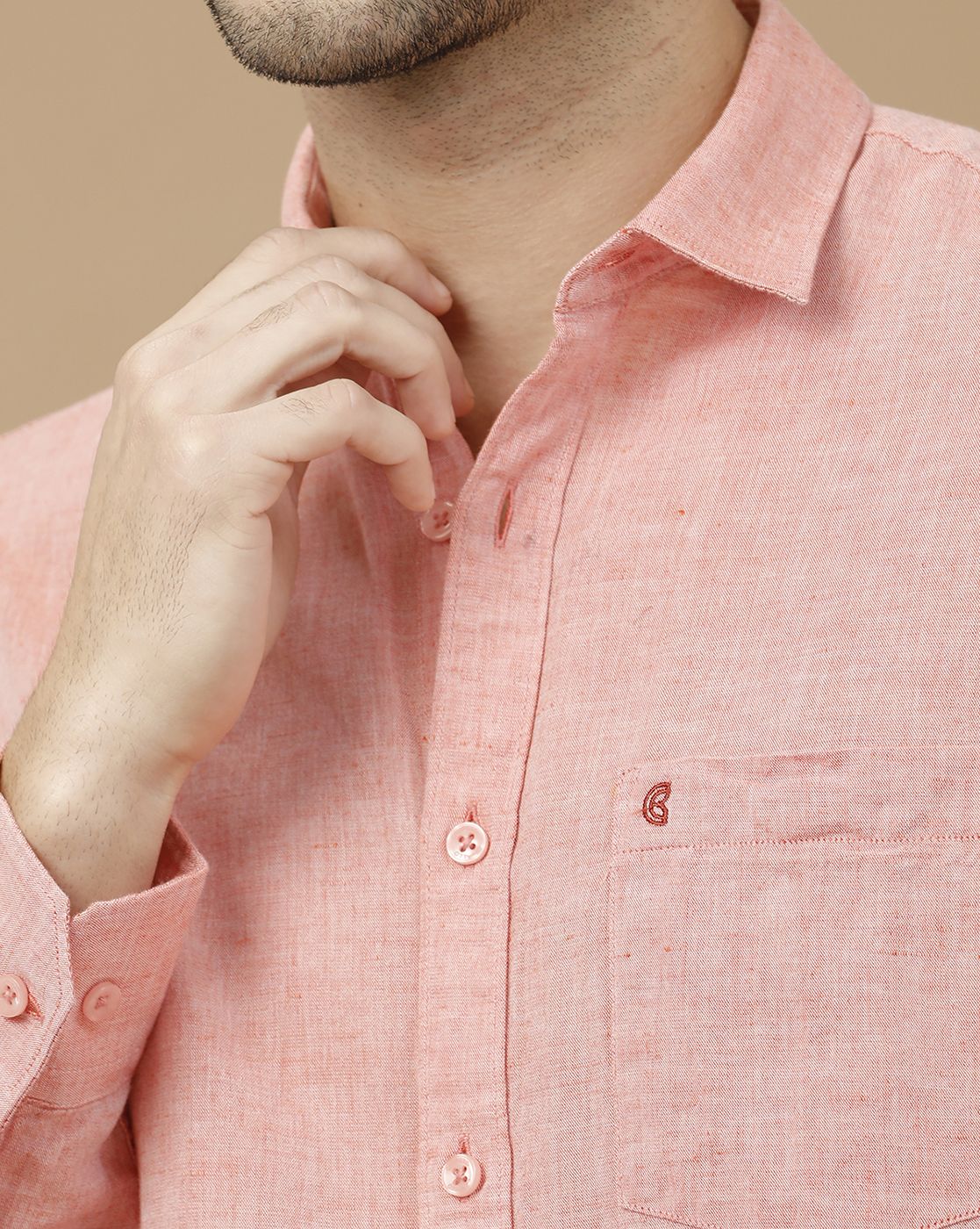 Men's Blended Linen Red Solid Contemporary Fit Full Sleeve Casual Shirt