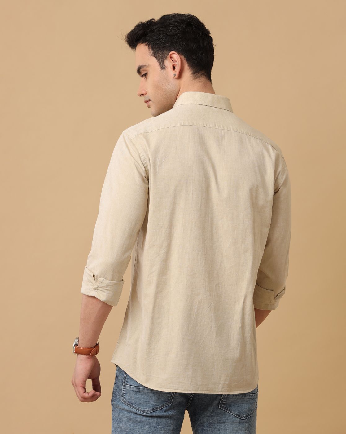 Cavallo By Linen Club Men's Beige Chambray Contemporary Fit Full Sleeve Casual Shirt