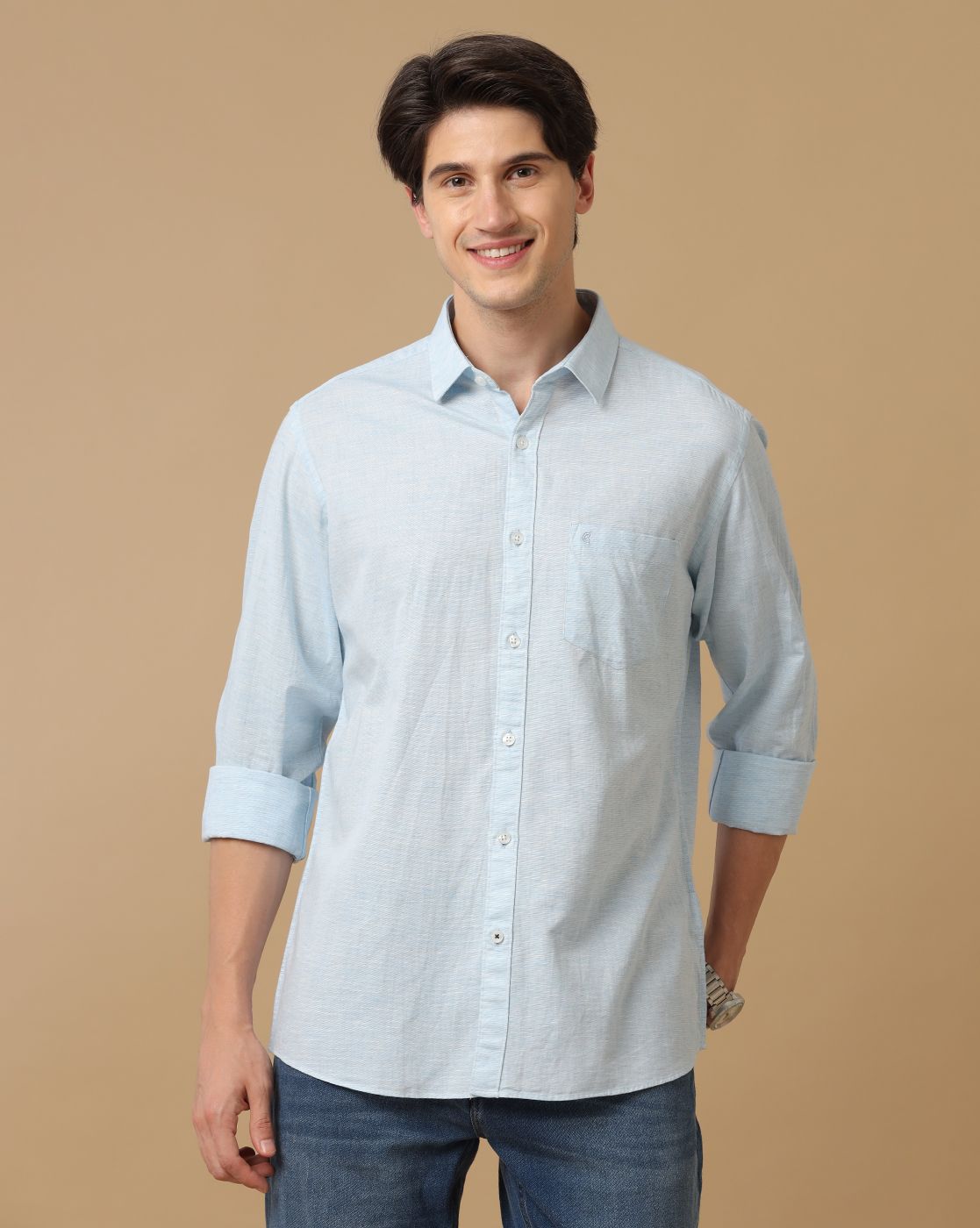 Cavallo By Linen Club Men's Blue Chambray Contemporary Fit Full Sleeve Casual Shirt