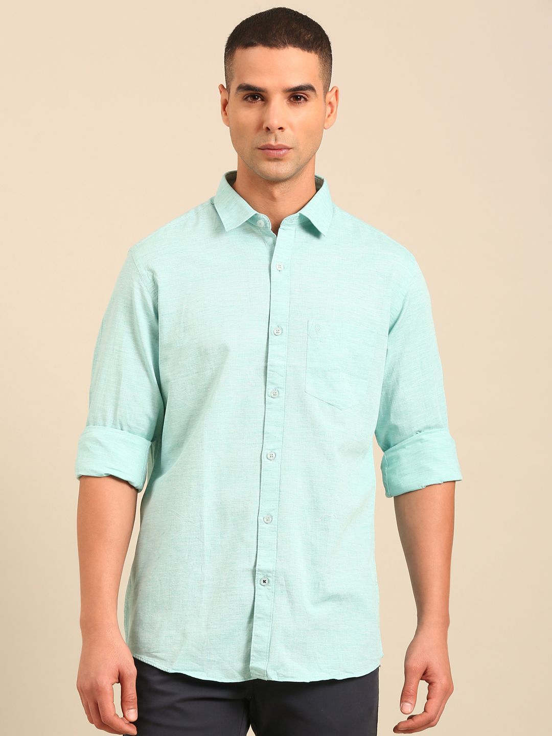 Cavallo by Linen Club Men's Contemporary Fit Linen blend Full Sleeve Chambray Shirt