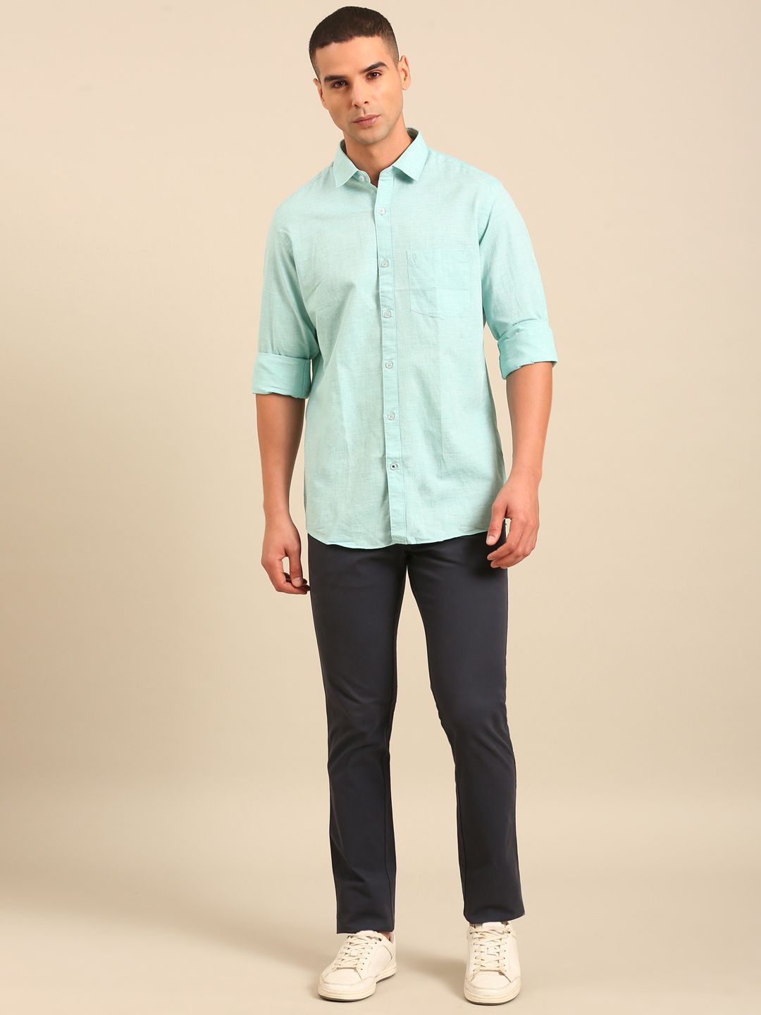 Cavallo by Linen Club Men's Contemporary Fit Linen blend Full Sleeve Chambray Shirt