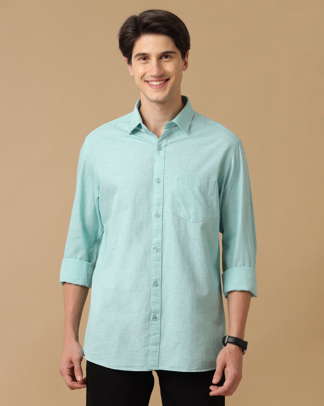Cavallo by Linen Club Men's Contemporary Fit Linen blend Full Sleeve Chambray Shirt