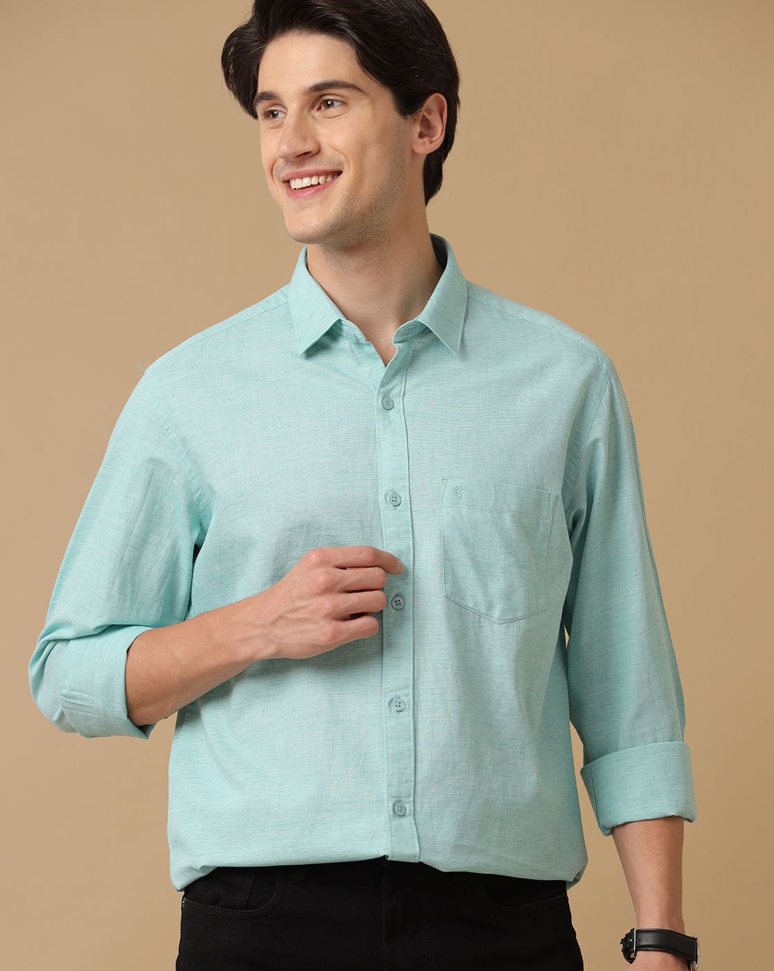 Cavallo by Linen Club Men's Contemporary Fit Linen blend Full Sleeve Chambray Shirt
