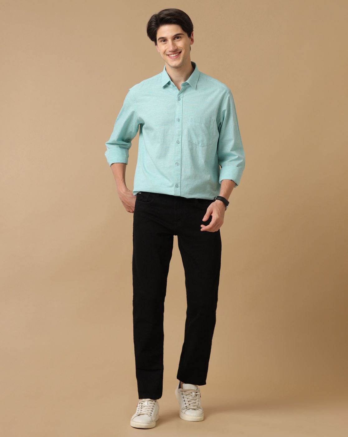 Cavallo by Linen Club Men's Contemporary Fit Linen blend Full Sleeve Chambray Shirt
