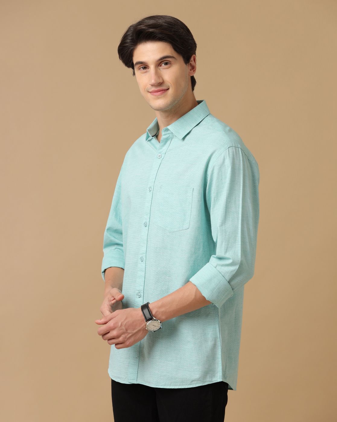 Cavallo by Linen Club Men's Contemporary Fit Linen blend Full Sleeve Chambray Shirt