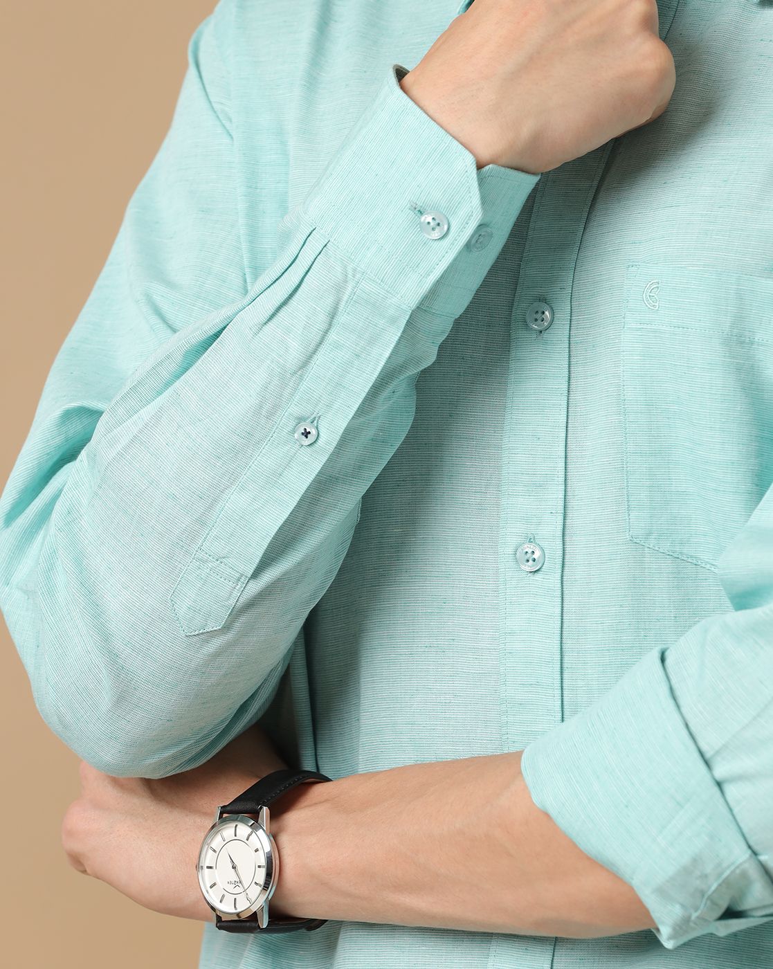 Cavallo by Linen Club Men's Contemporary Fit Linen blend Full Sleeve Chambray Shirt