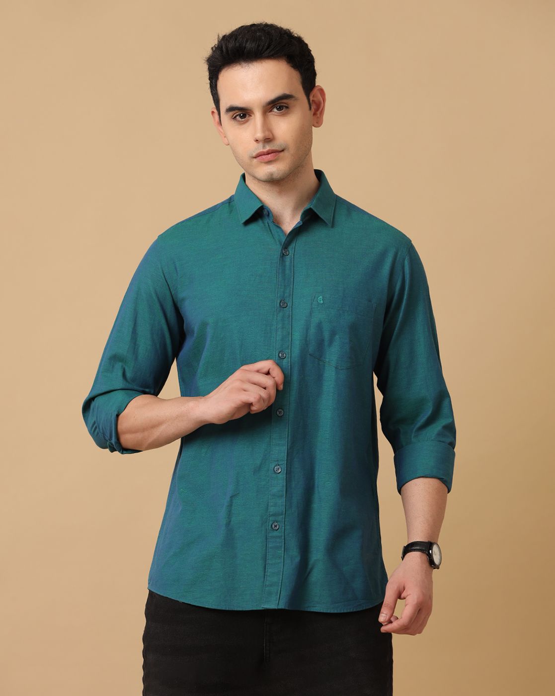 Cavallo By Linen Club Men's Green Chambray Contemporary Fit Full Sleeve Casual Shirt