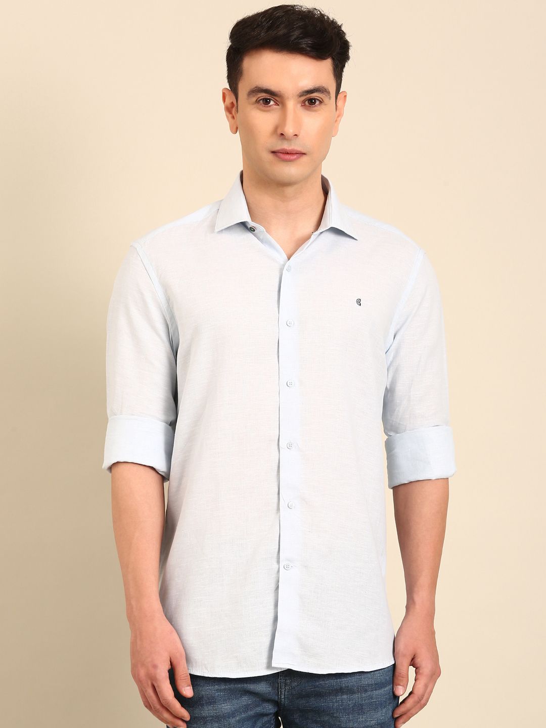 CAVALLO by Linen Club Men's Blended Linen Light Blue Solid Contemporary Fit Full Sleeve Casual Shirt