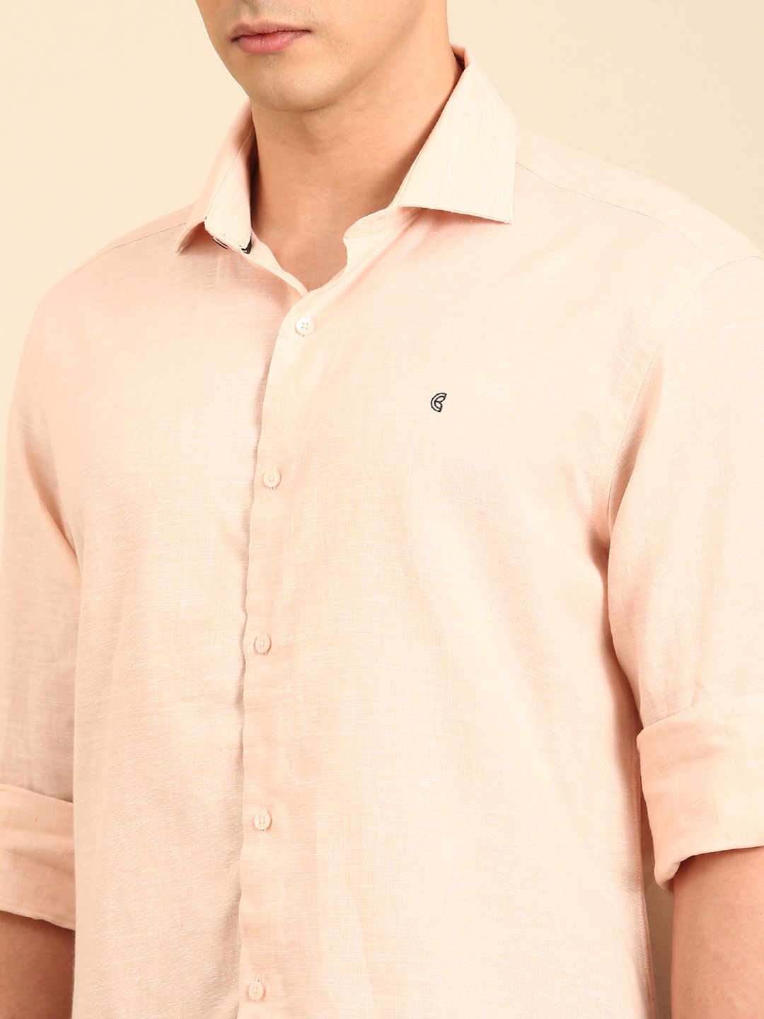 CAVALLO by Linen Club Men's Blended Linen Orange Solid Contemporary Fit Full Sleeve Casual Shirt