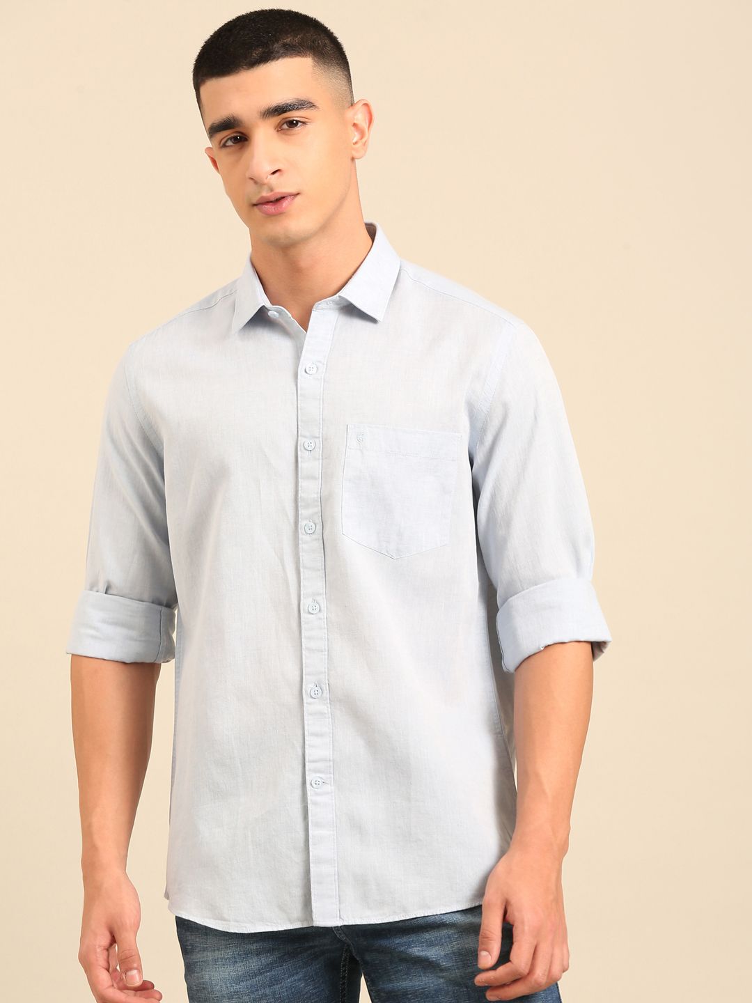 Cavallo by Linen Club Men's Contemporary Fit Linen blend Full Sleeve Chambray Shirt CASFCHN02L854