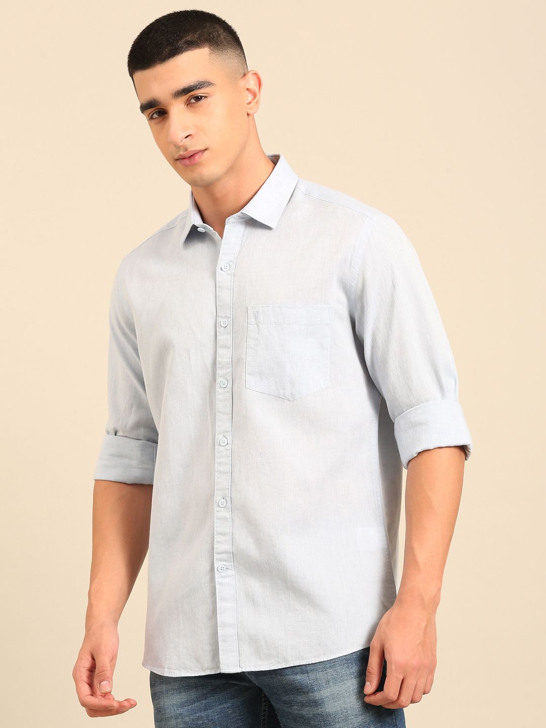 Cavallo by Linen Club Men's Contemporary Fit Linen blend Full Sleeve Chambray Shirt CASFCHN02L854