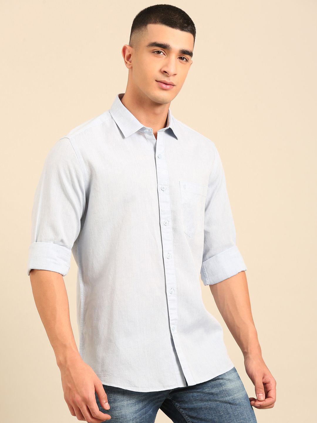 Cavallo by Linen Club Men's Contemporary Fit Linen blend Full Sleeve Chambray Shirt CASFCHN02L854