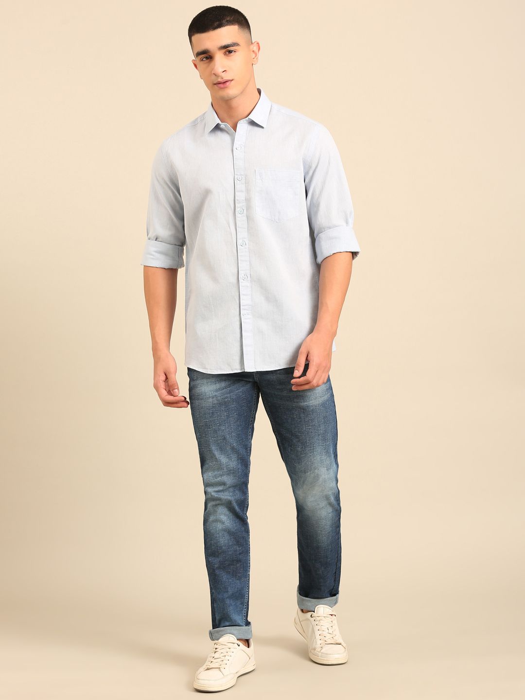 Cavallo by Linen Club Men's Contemporary Fit Linen blend Full Sleeve Chambray Shirt CASFCHN02L854