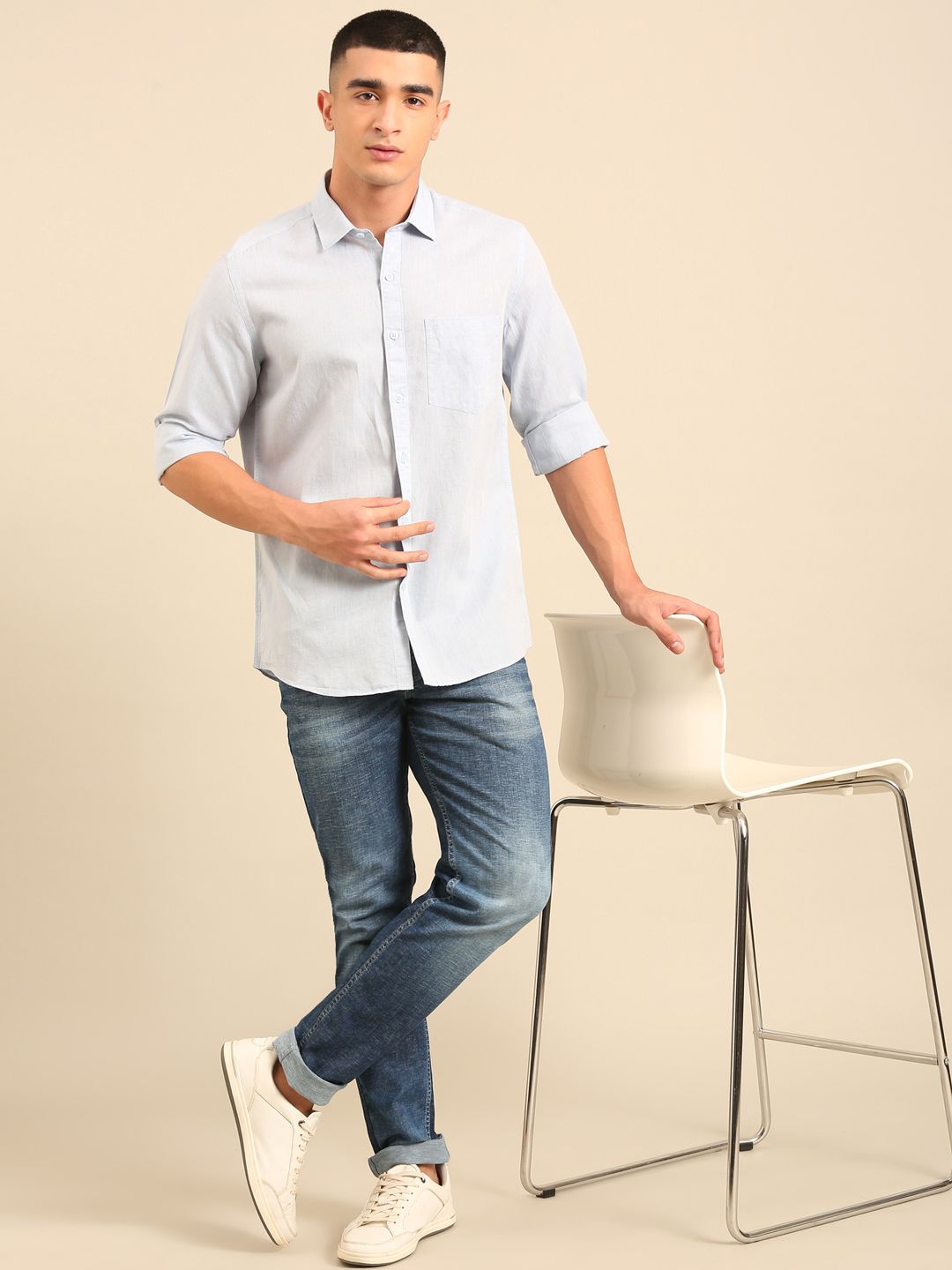 Cavallo by Linen Club Men's Contemporary Fit Linen blend Full Sleeve Chambray Shirt CASFCHN02L854