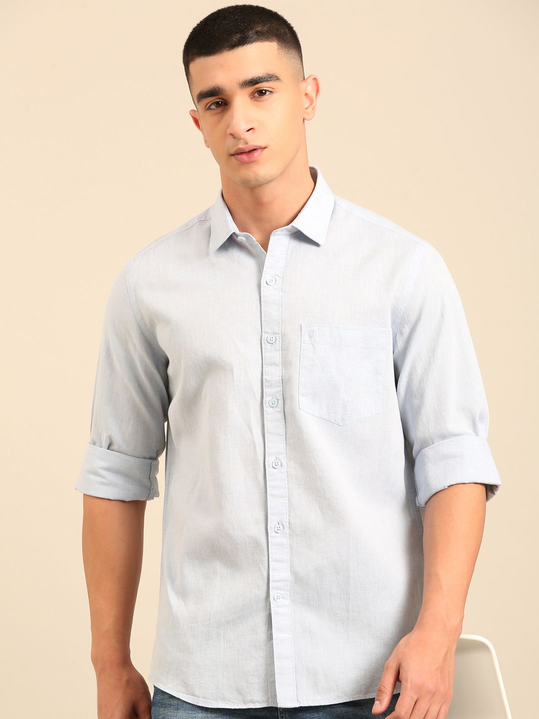 Cavallo by Linen Club Men's Contemporary Fit Linen blend Full Sleeve Chambray Shirt CASFCHN02L854