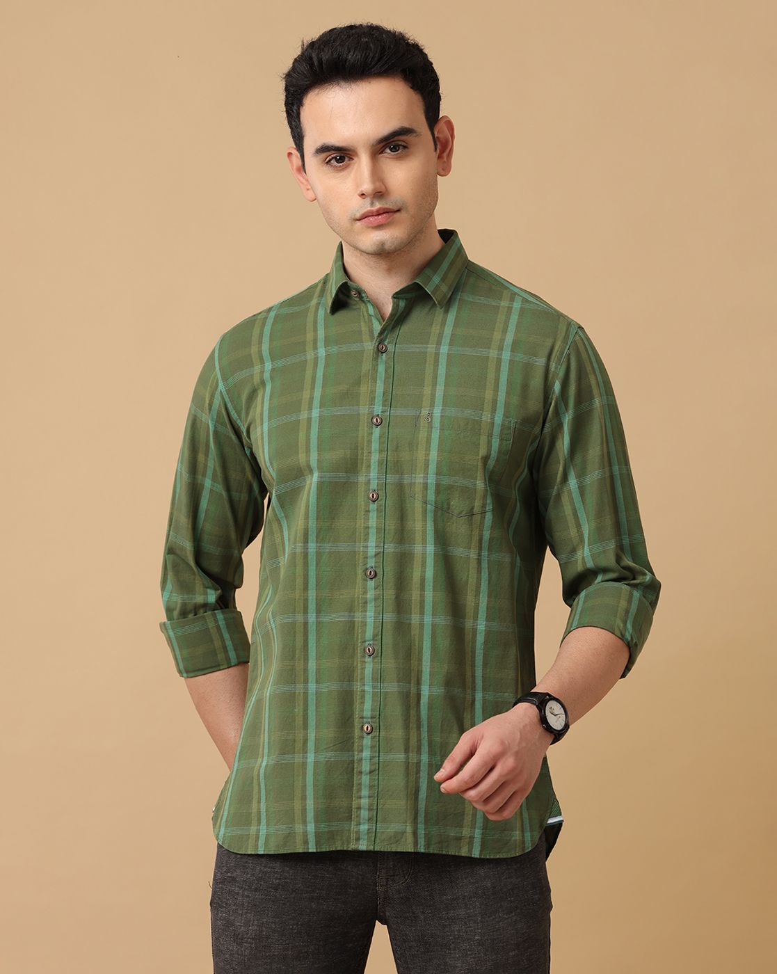 Men's Blended Linen Green Checked Contemporary Fit Full Sleeve Casual Shirt