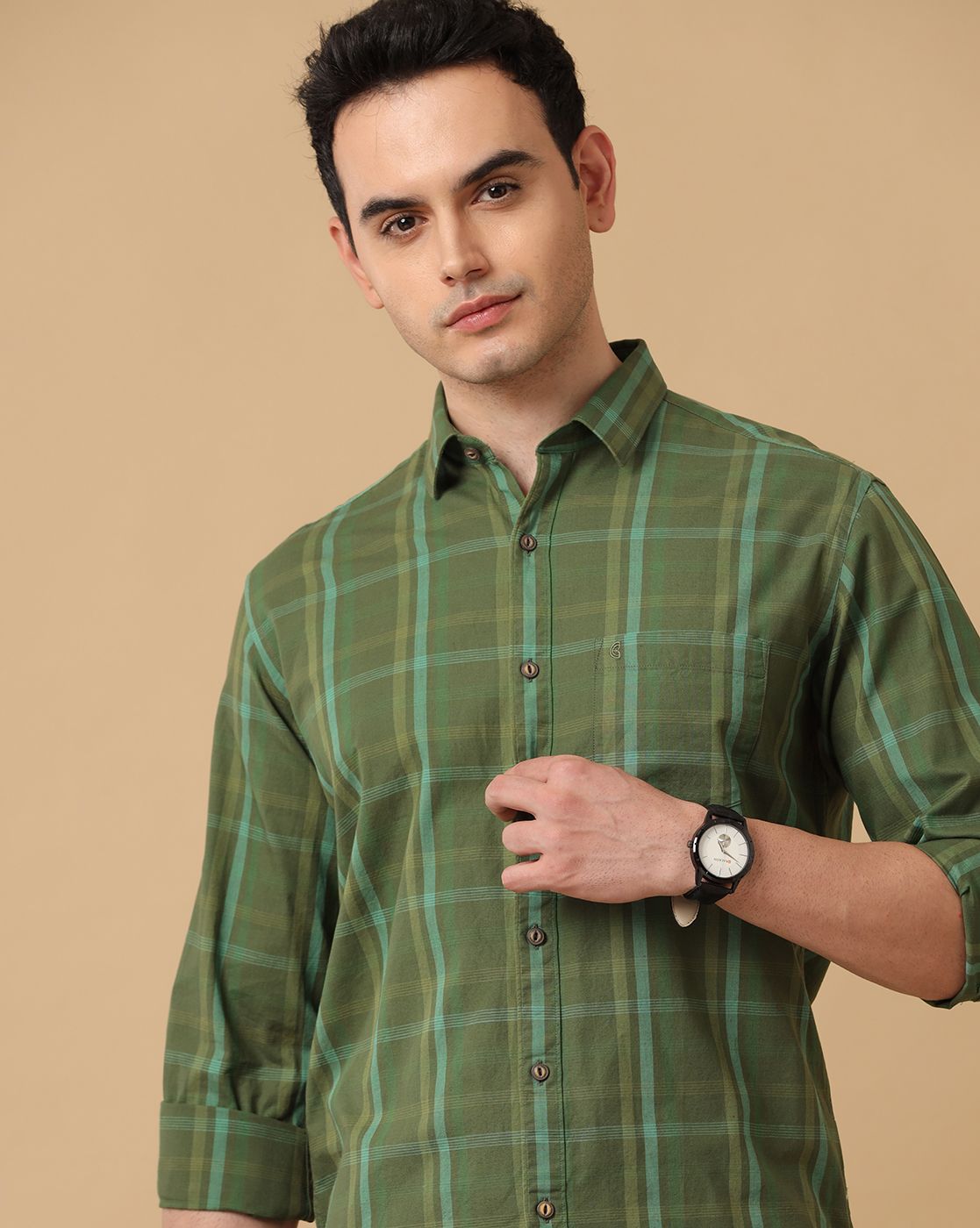Men's Blended Linen Green Checked Contemporary Fit Full Sleeve Casual Shirt