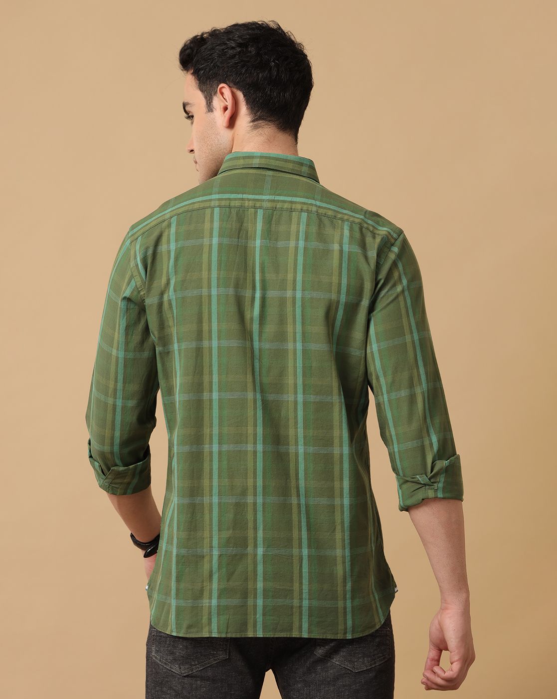 Men's Blended Linen Green Checked Contemporary Fit Full Sleeve Casual Shirt