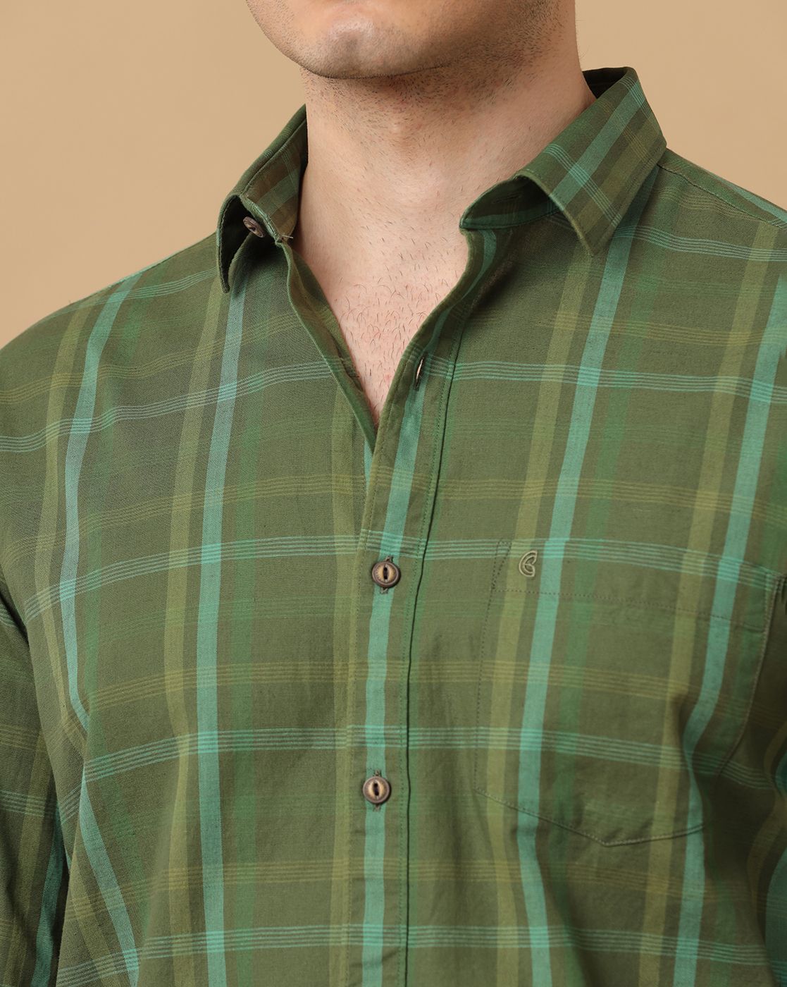 Men's Blended Linen Green Checked Contemporary Fit Full Sleeve Casual Shirt