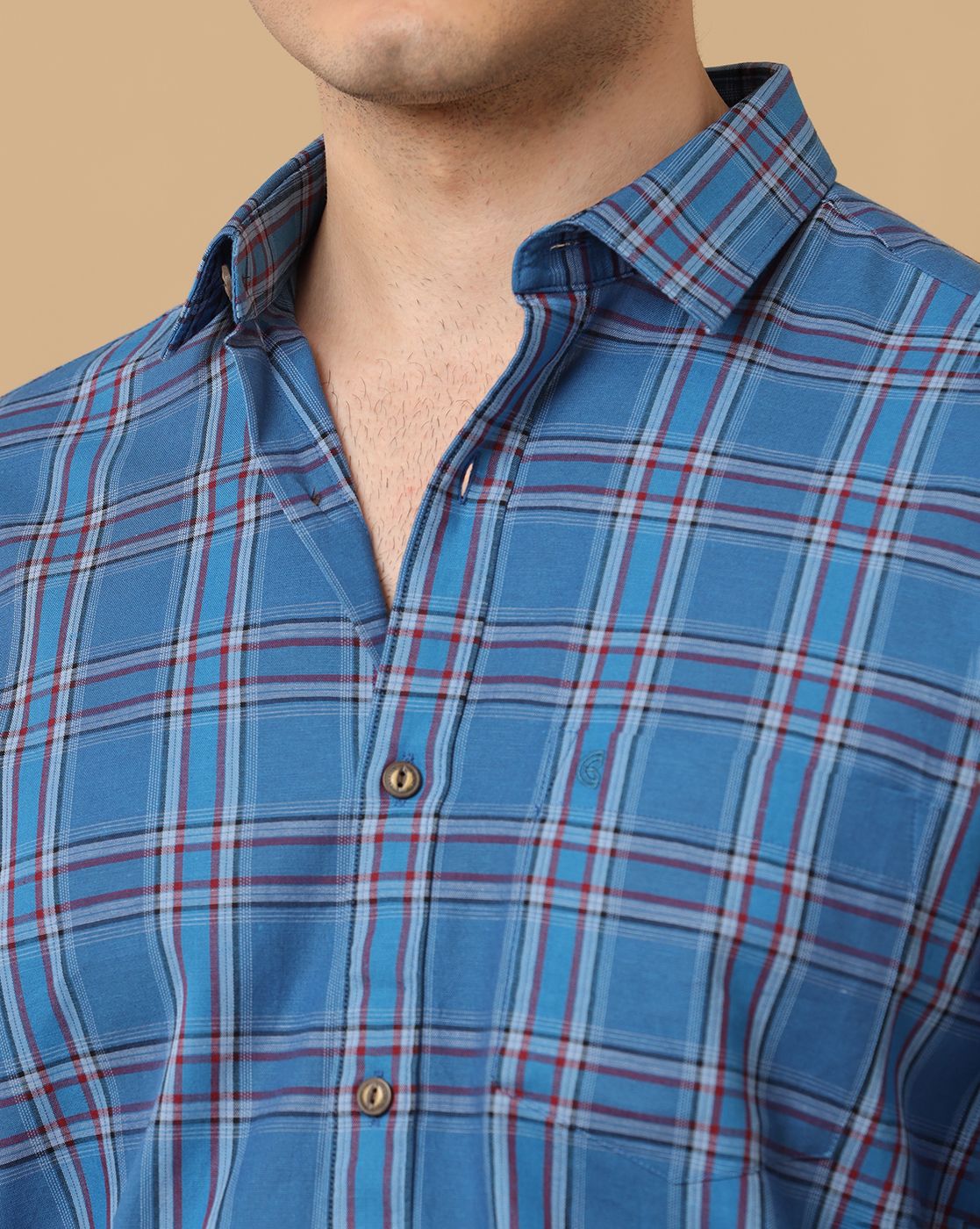 Men's Blended Linen Blue Checked Contemporary Fit Full Sleeve Casual Shirt
