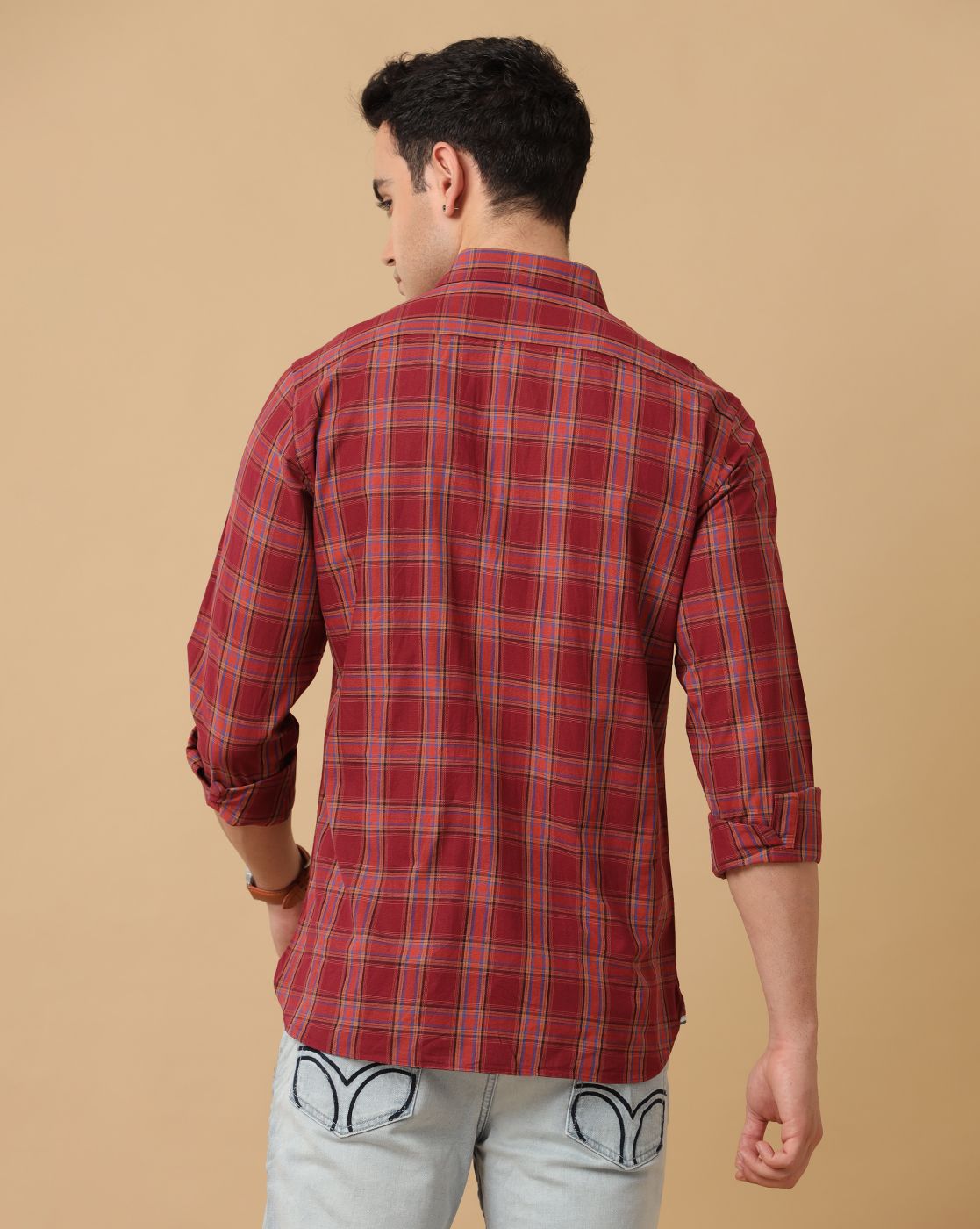 Men's Blended Linen Maroon Checked Contemporary Fit Full Sleeve Casual Shirt