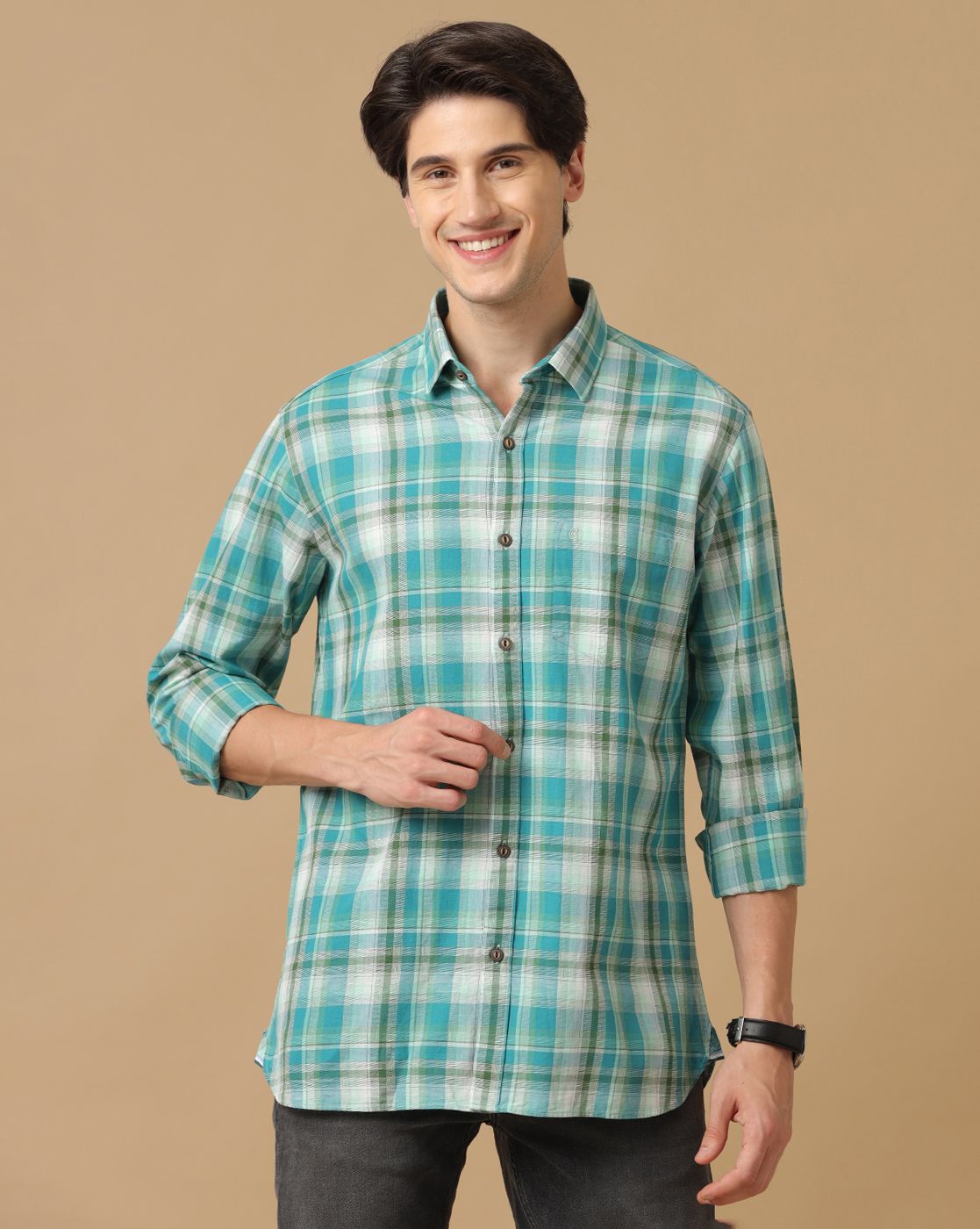 Men's Blended Linen Green Checked Contemporary Fit Full Sleeve Casual Shirt