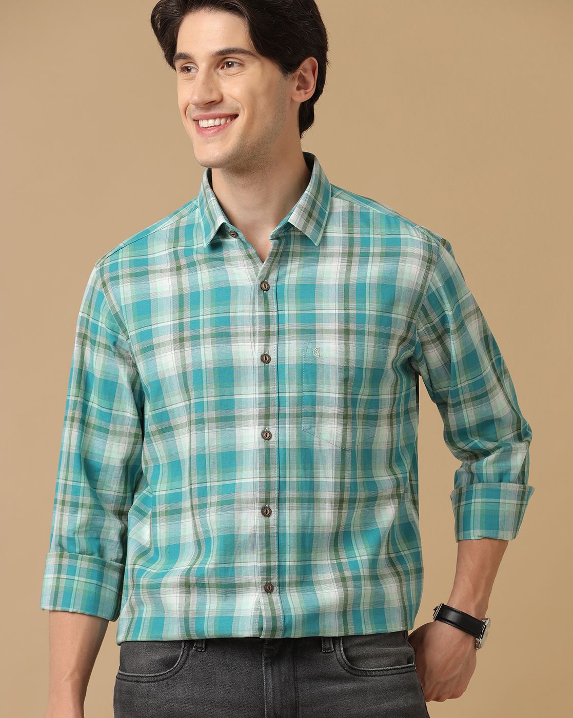 Men's Blended Linen Green Checked Contemporary Fit Full Sleeve Casual Shirt