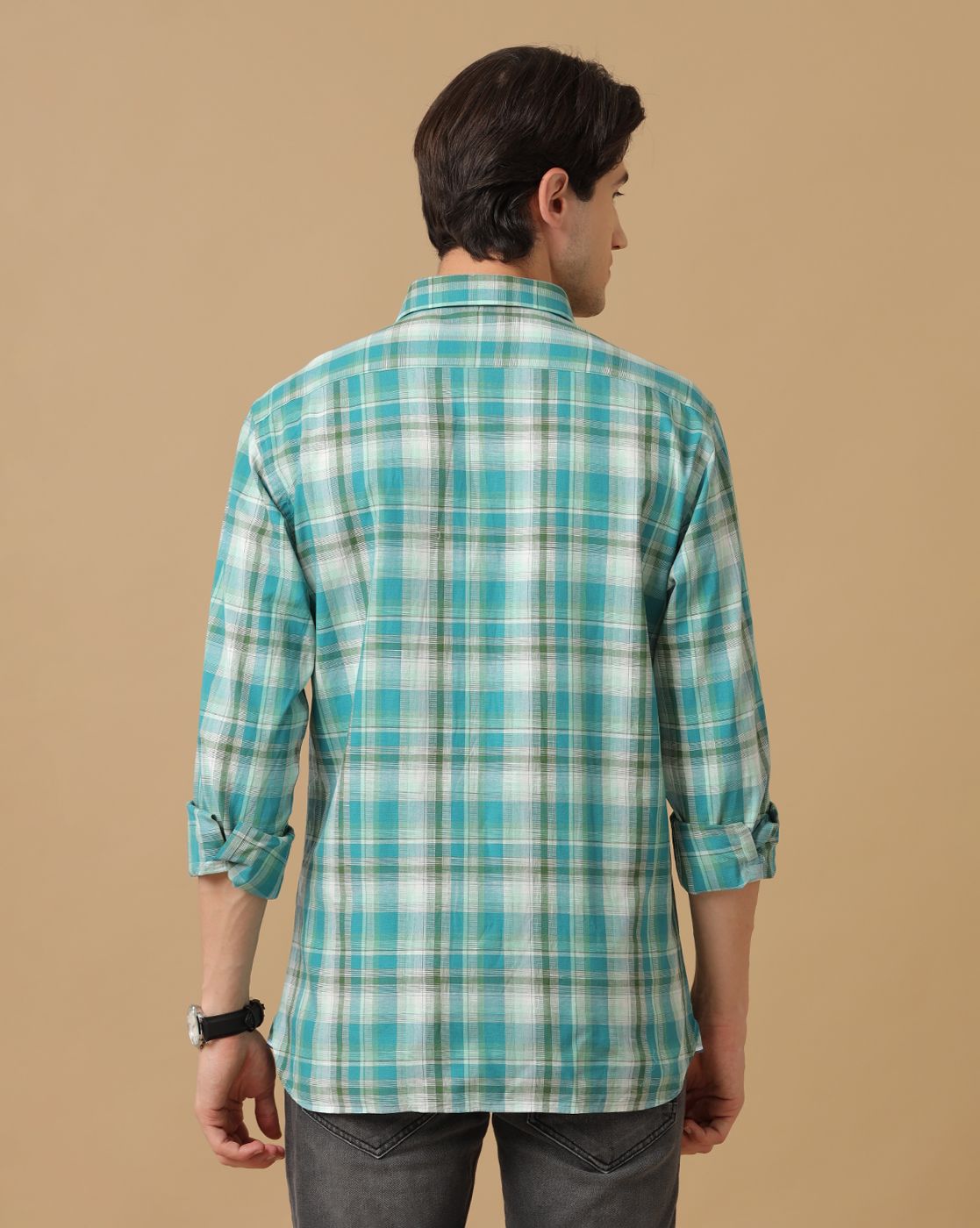 Men's Blended Linen Green Checked Contemporary Fit Full Sleeve Casual Shirt
