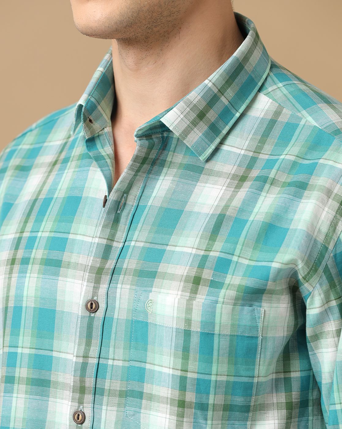 Men's Blended Linen Green Checked Contemporary Fit Full Sleeve Casual Shirt